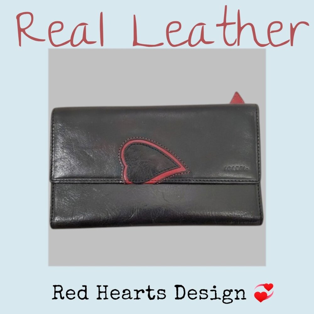 Joanel Love Black Leather Wallet Red Heart Zipper Heart Pull New w/o tags